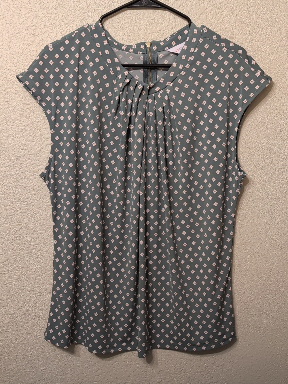 Liz Claiborne Sage Green Printed Pleat-Front Sleeveless Blouse